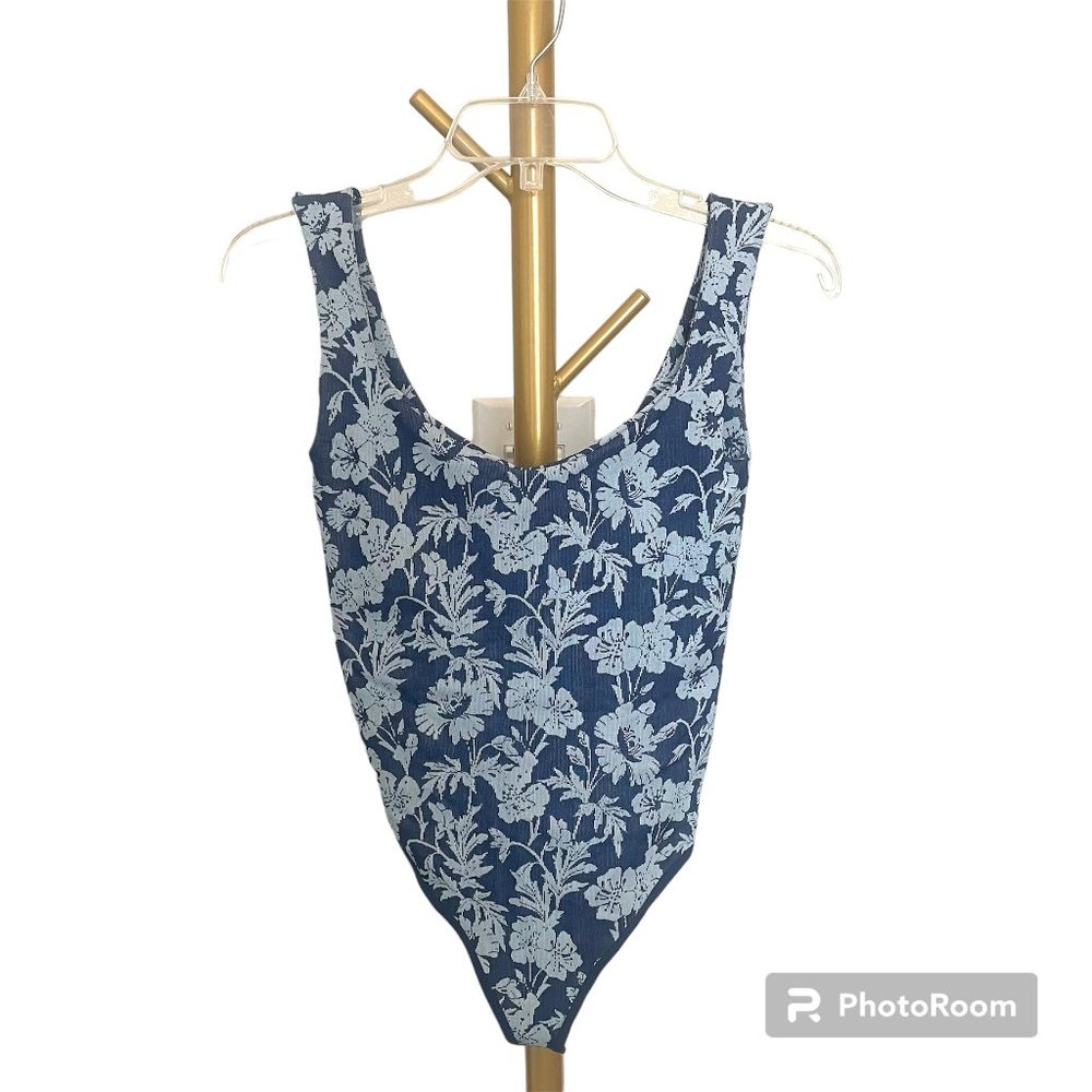 Free People Clean Lines Bodysuit NWT Size M/L Blue Floral